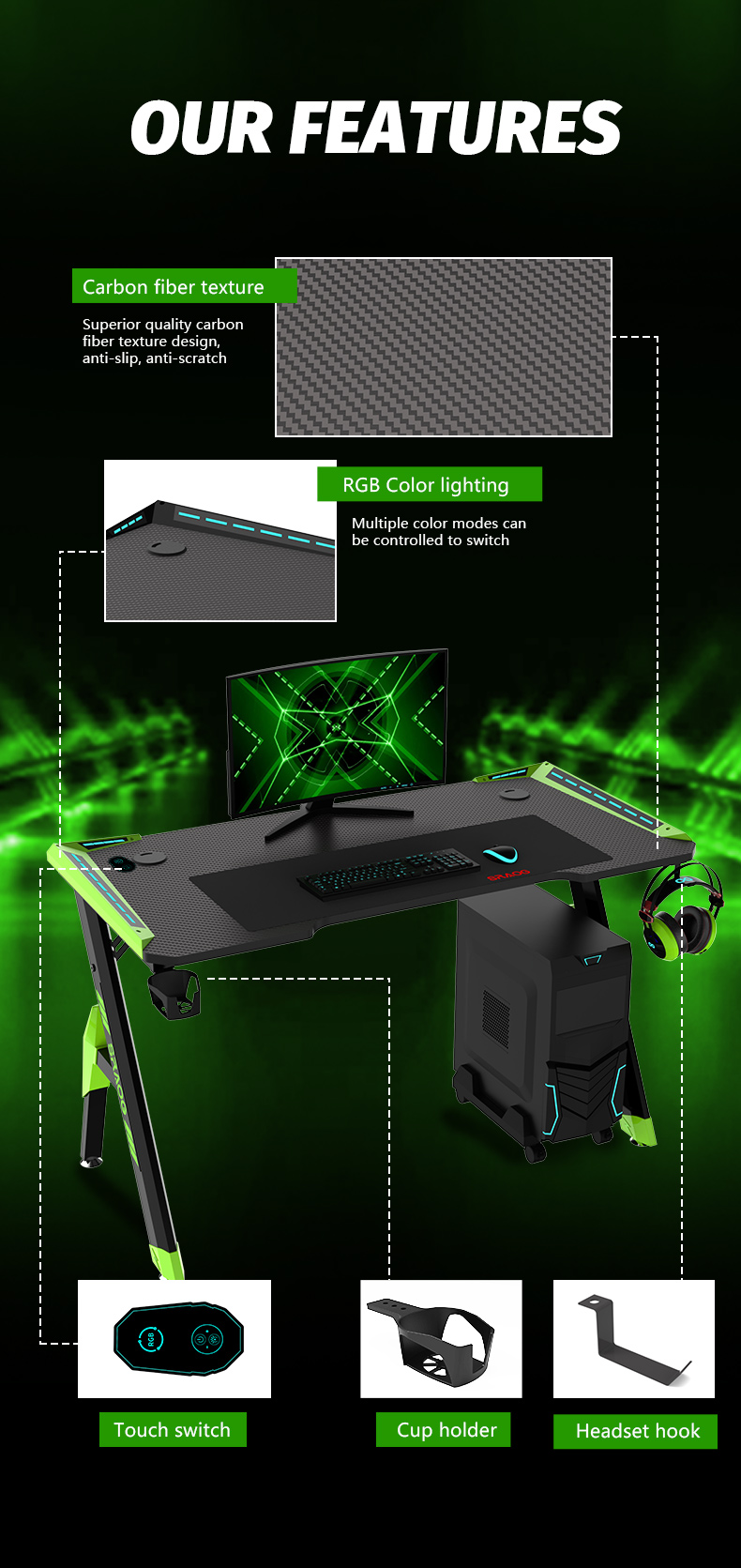 Экологичный интегрированный игровой стол R-образной формы с подсветкой RGB
