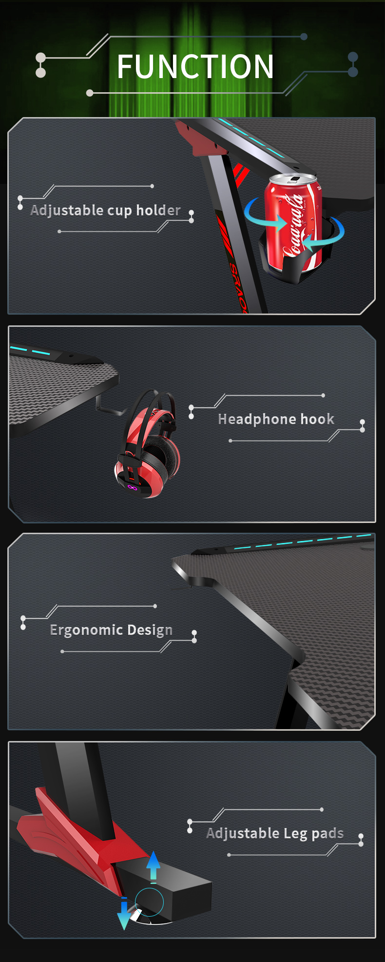 Экологичный интегрированный игровой стол R-образной формы с подсветкой RGB